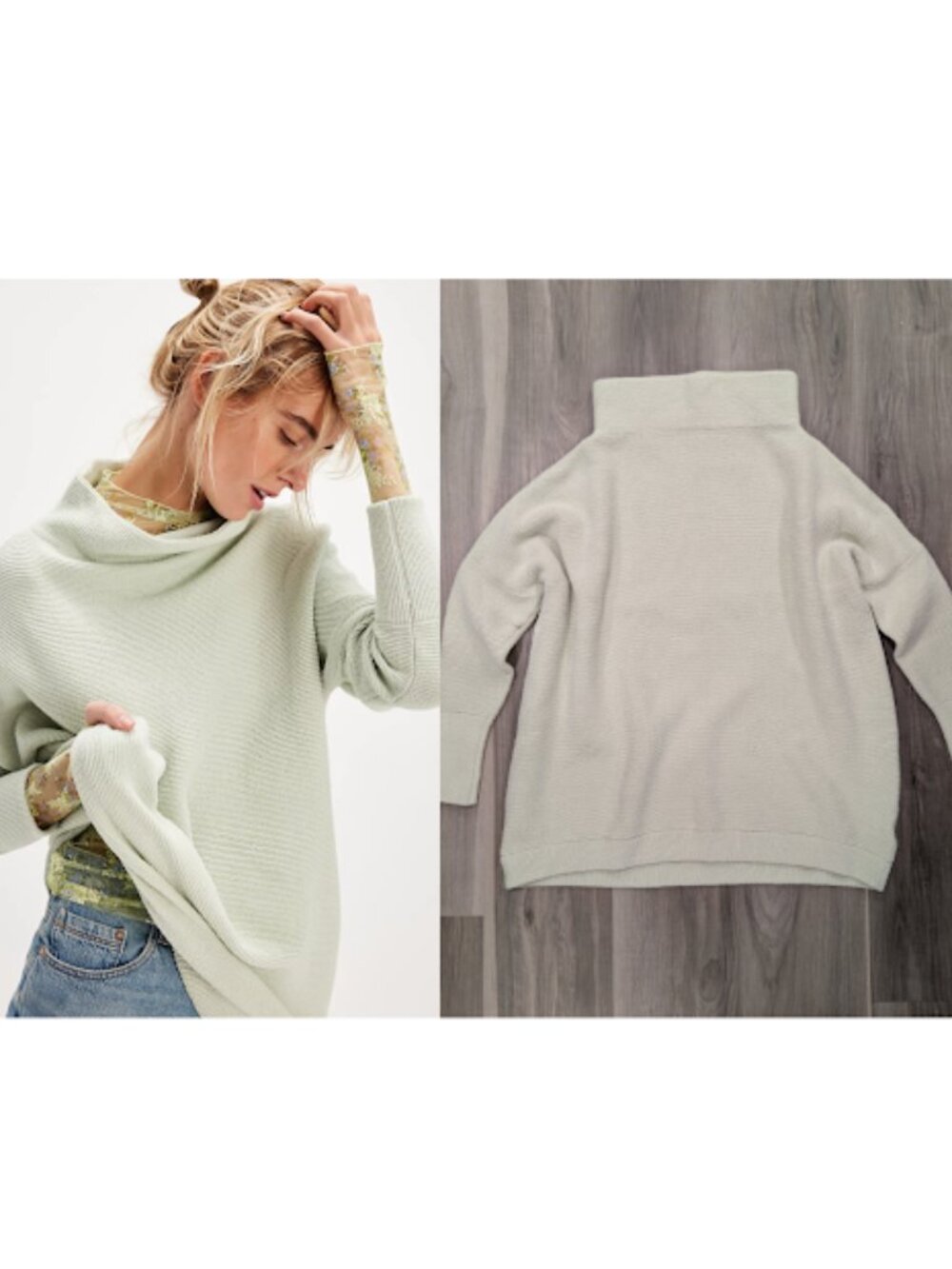 Free People | Ottoman Slouchy Ribbed Knit Mock Neck Tunic Sweater In Honeydew